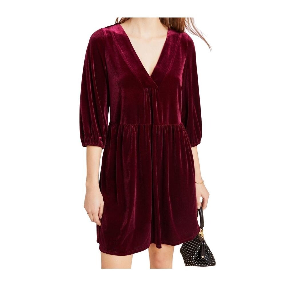 Amadi Anthropologie Burgundy Greta Velvet Robe 3/4 Sleeve Dress Size Medium
